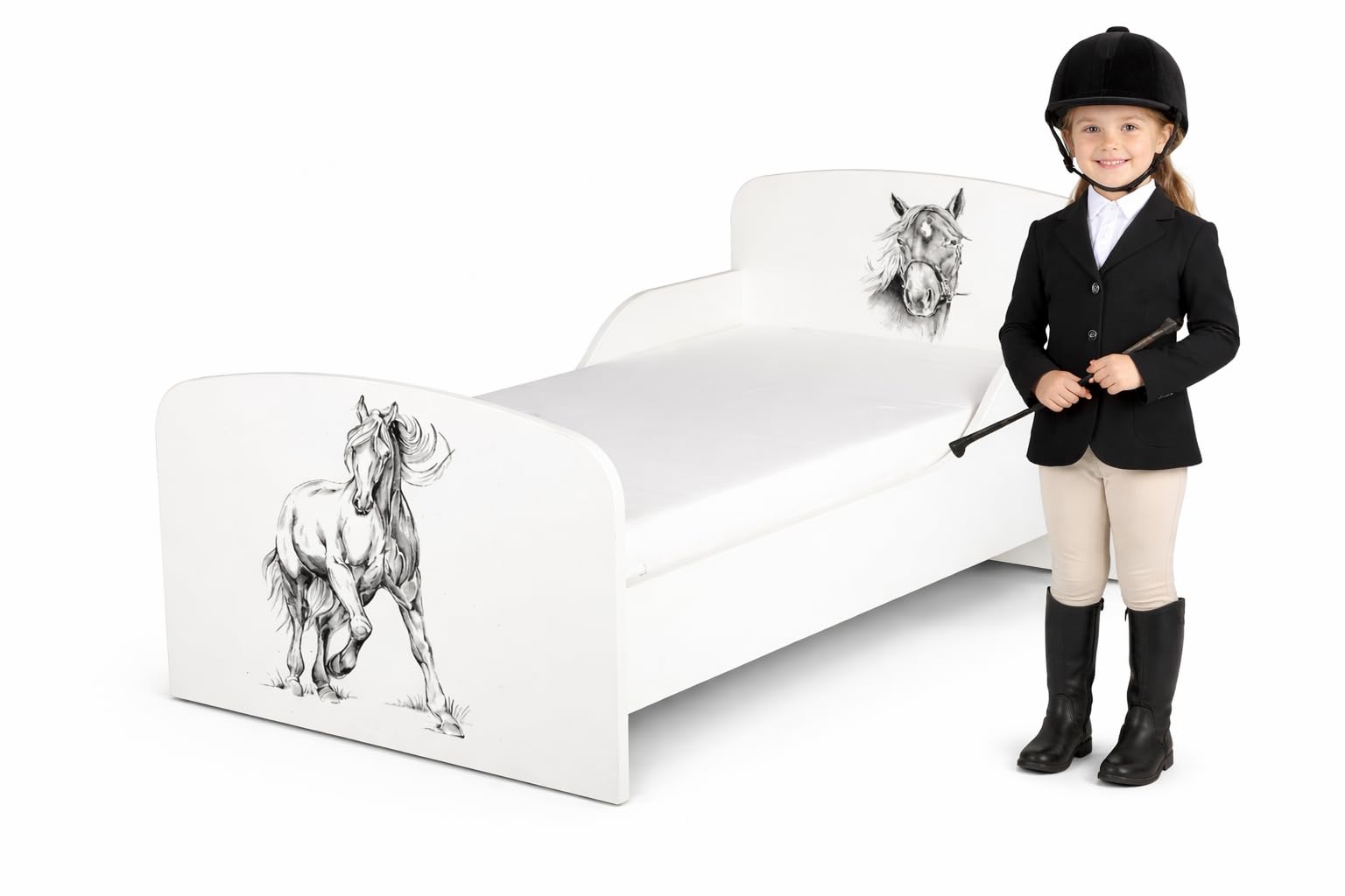 Cama Infantil de Madera 160x80 cm con Colchón y Somier, Caballo | Montaje fácil, diseño moderno, espuma de 10 cm incluida, somier con láminas en madera, bordes redondeados, soporte ventilado