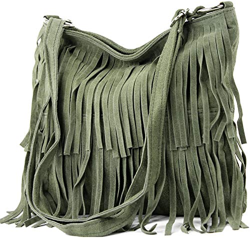 Image of Womens Italian Real Suede Leather Fringe Tassel Shoulder Handbag Cross Body Messenger Side Bag For Ladies (Green)