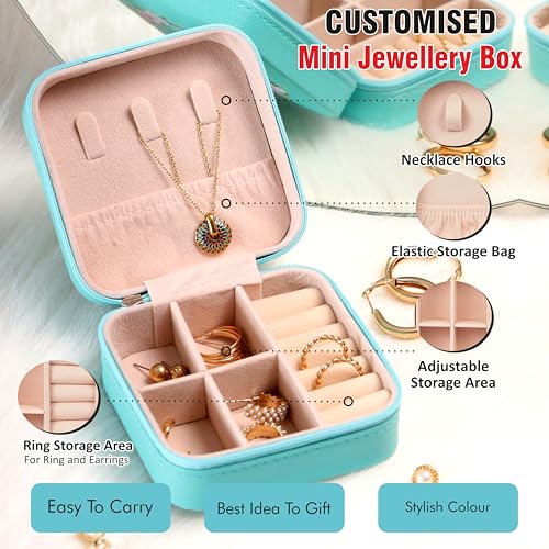 Image of P Arts Faux Leather Jewellery Organiser Box, Small Jewellery Box Organiser For Ring, Pendant, Earring, Necklace, Bracelet Jewellery Box For Women with Wooden Earrings for Women, Sea Green 4x4 Inch