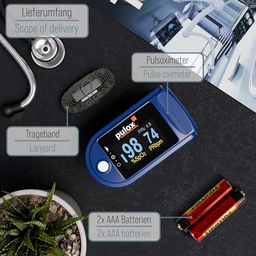 Pulsoximeter Pulox PO-200 Solo in Blau - Messung von Sauerstoffsättigung (SpO₂), Herzfrequenz...