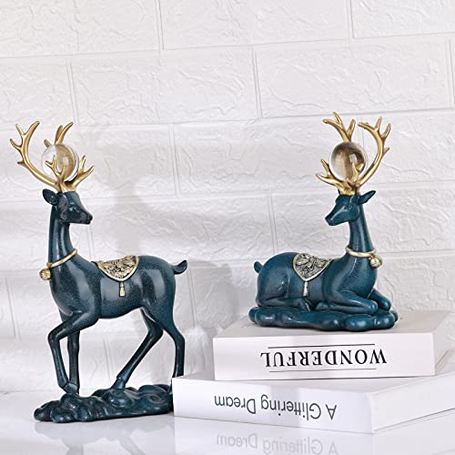 Xiyouqi Set Of 2 Christmas Reindeer Statues With Glass Ball, Resin Lucky Deer Sculpture, Couple Deer Figurine, Modern Elk Ornaments, Suitable For Home, Office, Tabletop, Christmas Decoration (Blue) #TOP6