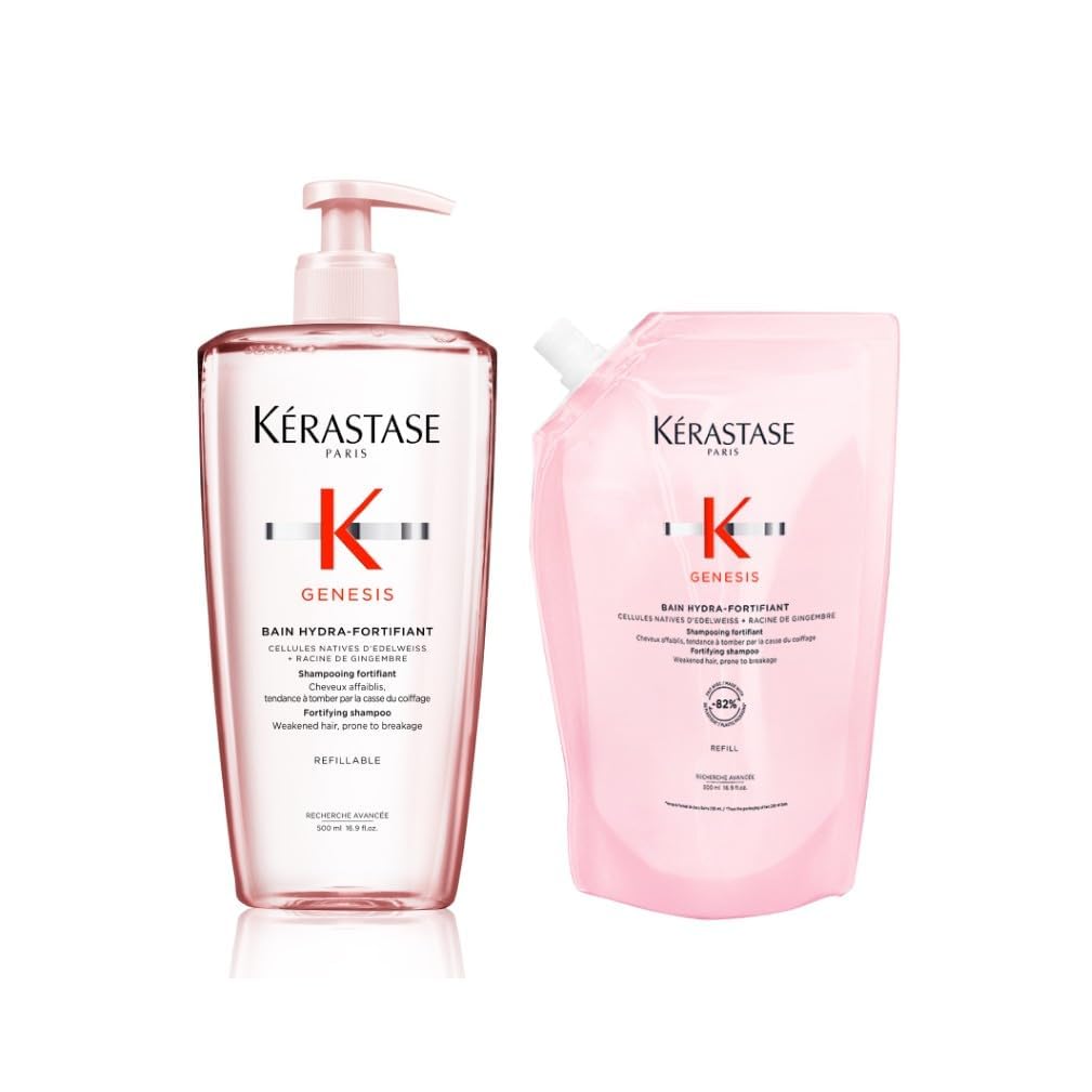 Kérastase Genesis Bain Hydra-Fortifiant Nachfüllset, Kräftigendes Shampoo bei Haarverlust durch Haarbruch, Enthält: Genesis Bain Hydra-Fortifiant 500 ml im Pumpspender sowie 500-ml-Nachfüllpackung