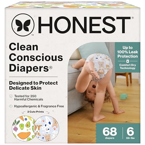 Image of The Honest Company Clean Conscious Diapers for Delicate Skin | Up to 100% Leakproof | Hypoallergenic, Fragrance Free | Gender Neutral | Super Club Box, Size 6 (35+ lbs), 68 Count (Prints May Vary)