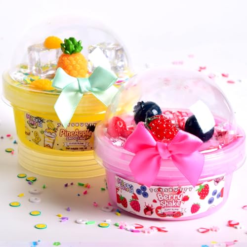 FINOCLAY Cloud Slime Kit for Kids, 2 Pack Scented Butter Slime with Fruit Slime Add-ins, Premade Sensory Toy for Girls & Boys, Educational Stress Relief Toys, Birthday Party Favors & Creative Fun