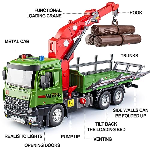 HAPYAD Timber Truck Toy Metal Cab, Friction Powered Timber Truck with Fully Functioning Loading Crane and 3 Loadable Trunks, Big Construction Truck with Lights and Sounds for Kids, 11.2"