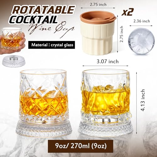 LOYIM 2 Pack 9 oz Spinning Whiskey Glass with Ice Ball Molds, Crystal Rotating Glass 360° Spinning for Scotch Bourbon, Ideal Gifts for Men Father Husband (Gem,Tree) by LOYIM - Used condition - Image 2