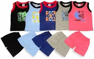 ZIPWELL Baby Boys & Girls Dress Cotton Blend Unisex Sleeveless T-shirts and Shorts Pant, Multicolor-Set of 5 Price In India