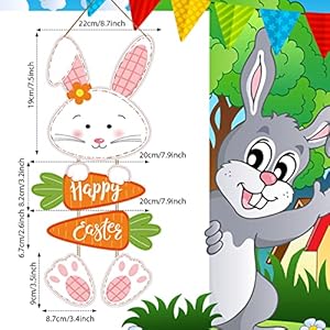 Easter Decorations Rabbit Sign Hanging Wall Decor Bunny Carrot Happy Easter Door Signs with Ropes Decorative Easter Theme Sign Plaque Hanger for Easter Home Wall Door Indoor Outdoor Spring Decoration