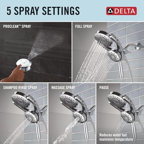 Image of Delta 5-Setting HydroRain 2-in-1 Dual Shower Head with ProClean Spray, Chrome High Pressure Shower Head with Handheld Spray, 1.75 GPM Flow Rate, Chrome 75419