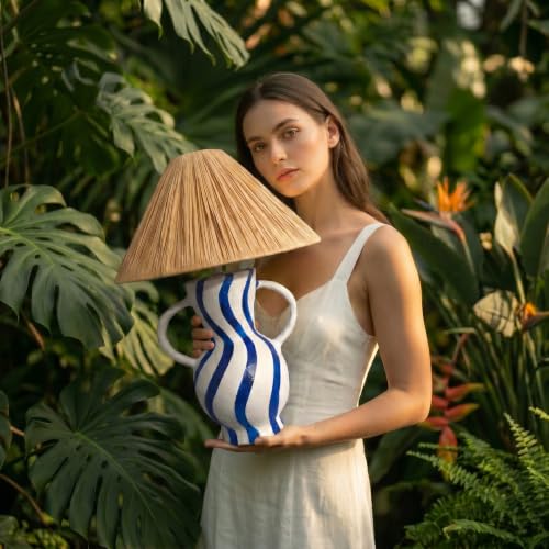 Image of Handcrafted Bedside & Living Room Table Lamp | Handpainted Paper Mache | Natural Raffia Shade | E27 Holder with Bulb Included | Accent Light, Decor Lamp for Bedroom, Study & Home Decor
