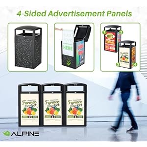   Alpine-Outdoor-Commercial-Trash-Can-with-Lid-40-Gallon-Heavy-Duty-Metal-Garbage-Can-with-Advertising-Panels-Removable-Bin-Locking-Lid-for-a-Modern-Look-in-Pool-Park-Mall-Grey-Stones