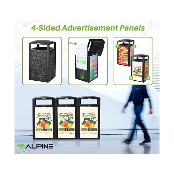   Alpine-Outdoor-Commercial-Trash-Can-with-Lid-40-Gallon-Heavy-Duty-Metal-Garbage-Can-with-Advertising-Panels-Removable-Bin-Locking-Lid-for-a-Modern-Look-in-Pool-Park-Mall-Grey-Stones