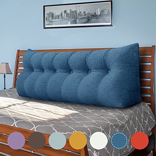 VERCART Coussin de Lecture, Oreiller Traversin Soutien Dorsal, Triangulaire Coussin à Coins, Gros Coussin Canapé, Coussin tête de Lit Dossier, Oreiller de Repos Cale Dos en Lin Bleu 180CM