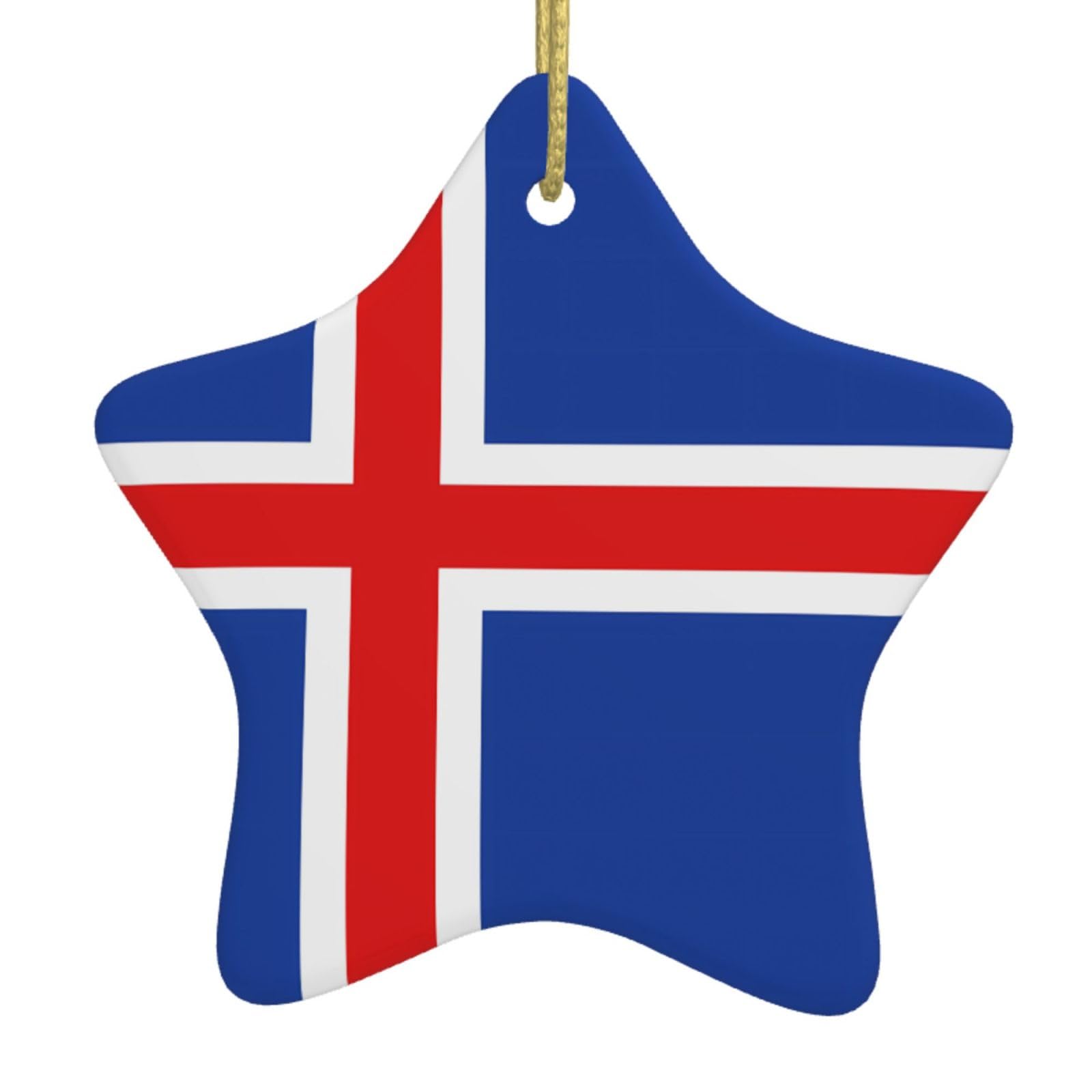 Flag of Iceland Christmas Ceramic Star Pendant with Punched Holes and Gold Wire Rope, Christmas Tree Home Decoration