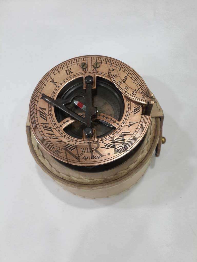 Brújula de Trabajo de Reloj Solar de Cobre y Bronce Coleccionable West London con Funda de Cuero Blanco
