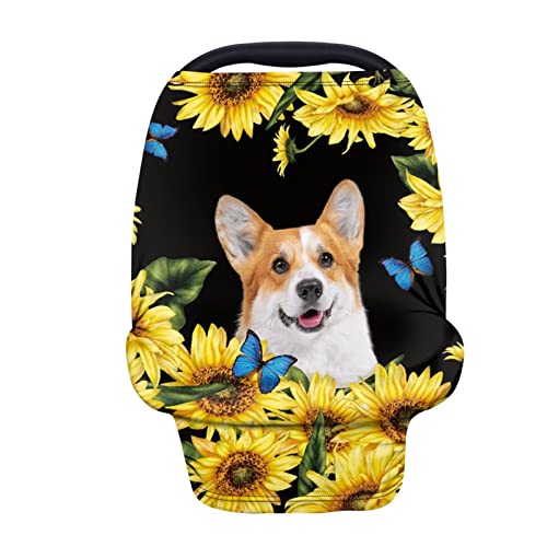 Image of Forchrinse Corgi Butterfly Sunflower Print Baby Car Seat Cover for Newborn,Soft Stretchy Nursing Cover Baby Stroller Cover Multi-use Cover