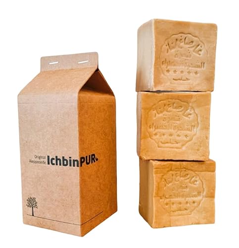 IchbinPUR – Original Aleppo Seife 3er-Pack (3x140g), 95% Olivenöl 5% Lorbeeröl, traditionelles Rezept, Haarseife, Duschseife, Handseife, Naturseife, Savon d‘Alep, Plastikfrei
