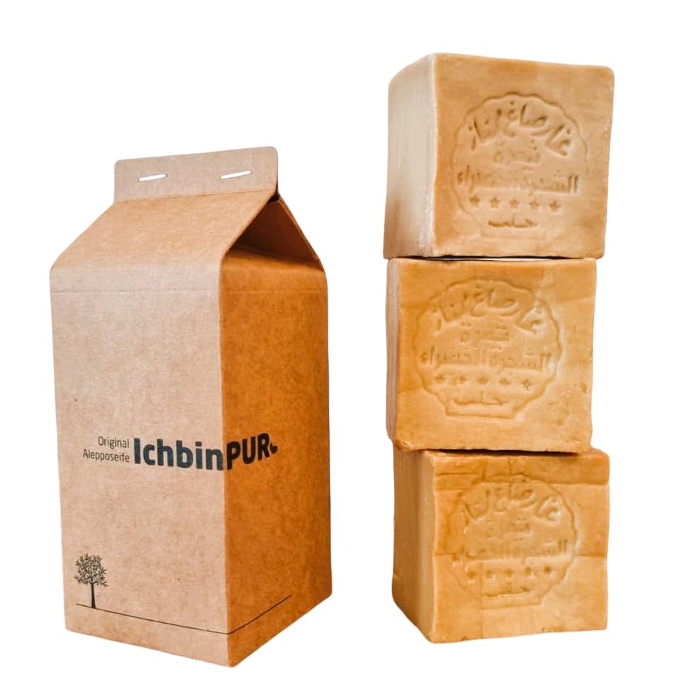 IchbinPUR – Original Aleppo Seife 3er-Pack (3x140g), 95% Olivenöl 5% Lorbeeröl, traditionelles Rezept, Haarseife, Duschseife, Handseife, Naturseife, Savon d‘Alep, Plastikfrei
