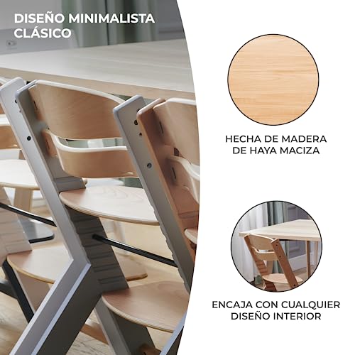 kk Kinderkraft ENOCK Trona bebé de Madera, Infantil, Portatil, para niños, Evolutiva silla alta, Ergonómica, Con accesorios, Barrera y Bandeja, Madera natural