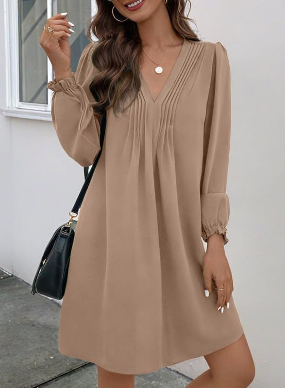 Image of Dokotoo Womens Casual Dress A-Line Ruffle Sleeve V Neck Midi Dress 2025 Fashion Pleated Flowy Sundress Loose Shirt Dresses