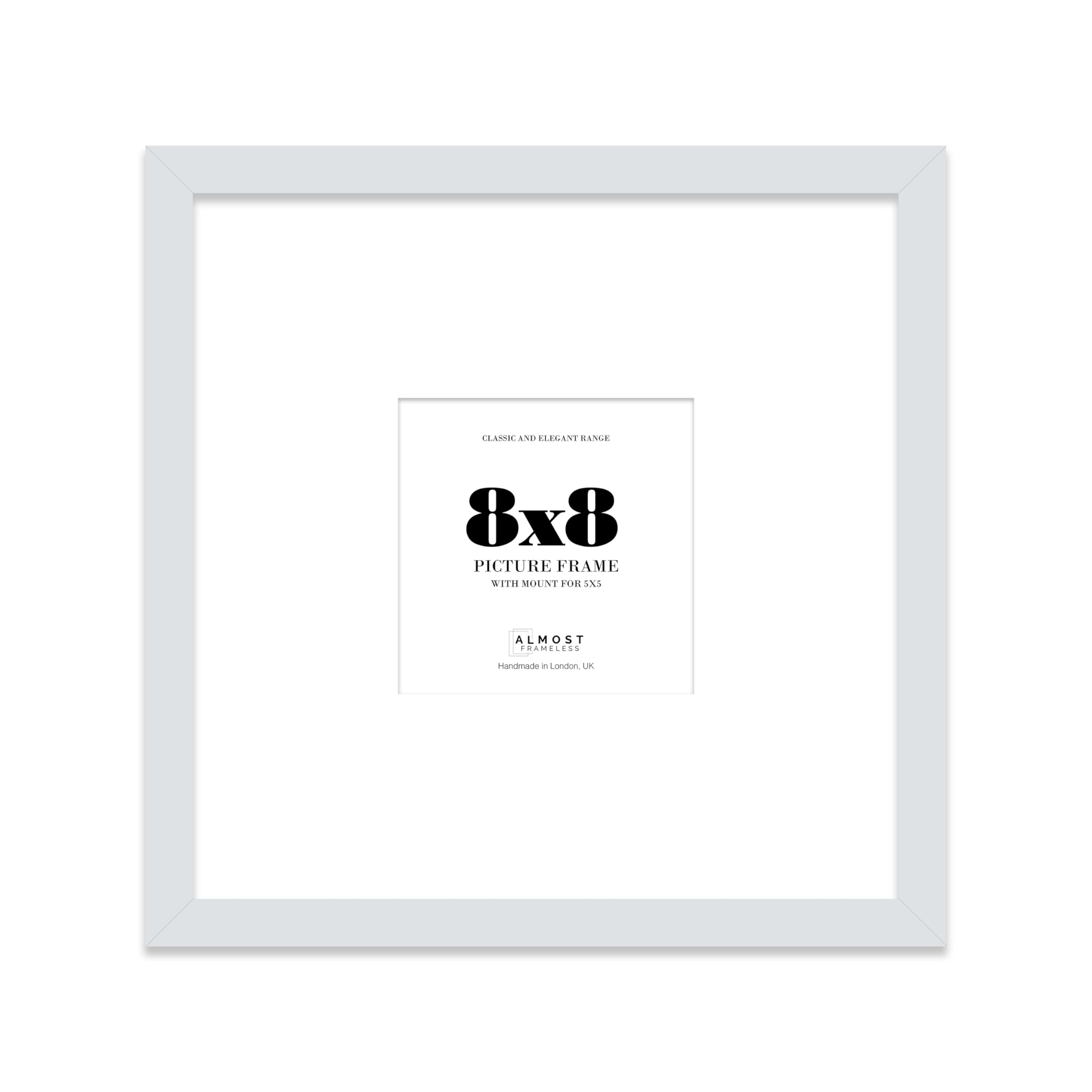 Almost Frameless 8x8 Square Picture Frame, Display Pictures 5x5 With Mat or 8x8 Without Mat, Wall Hanging & Free Standing Photo Frame, Light Grey, 1 Pack