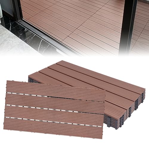Froadp 60x30cm WPC Carrelage de sol en Plastique Composite, Revêtement de sol Extérieur, Dalles en Bois-plastique Extérieur, Caillebotis Système Plug-in pour Terrasse Jardin Balcon(12 pcs, Marron)