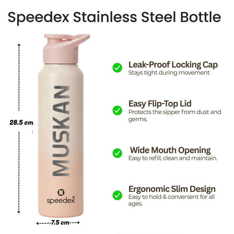 Image of Speedex Engraved Name Stainless Steel Sipper Water Bottle 1 Ltr - Customised Personalised Bottle for Kids & Adults, School, Gym, Sports, Peach Orange, Set of 1