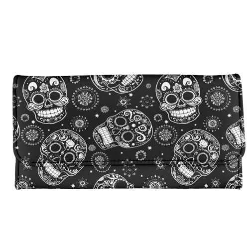 Image of AFPANQZ Hippie Skull Print Womens Leather Wallets Large Capacity Card Holder Zipper Travel Purse, Phone Holder Coin Zip Pocket Multi Cards