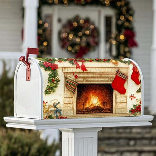 Copertura magnetica per cassetta postale del camino, calze natalizie natalizie con agrifoglio, colore rosso, per decorazioni esterne, 45,7 x 53,3 cm
