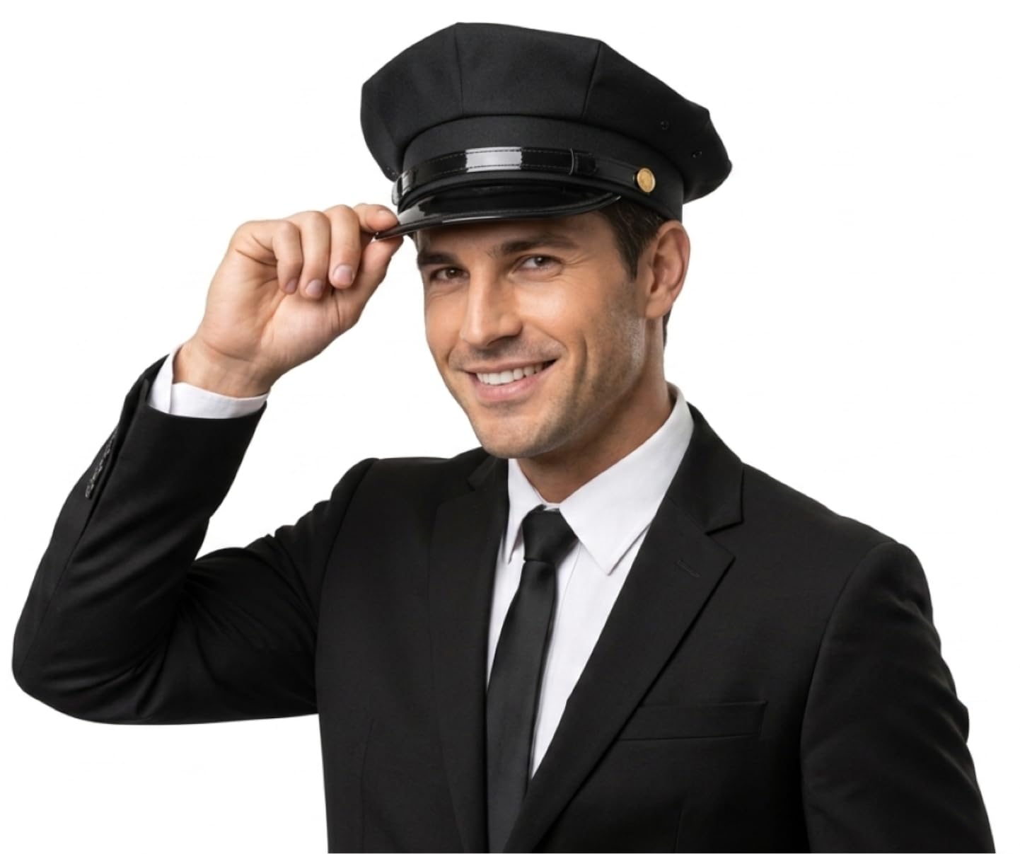 Black Chauffeur Hat for Adults, Classic Driver Cap with Glossy Visor, Unisex Fancy Dress Costume Accessory for Limo Driver, Doorman, Security, Cosplay, Halloween & Themed Parties (Black, One Size)
