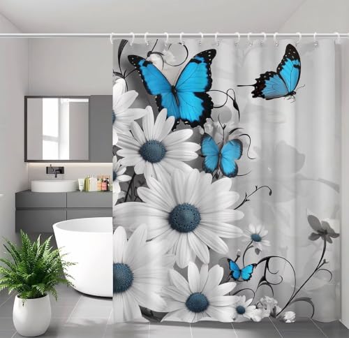 Rideau de douche gris 200x220 cm en polyester avec motif marguerite