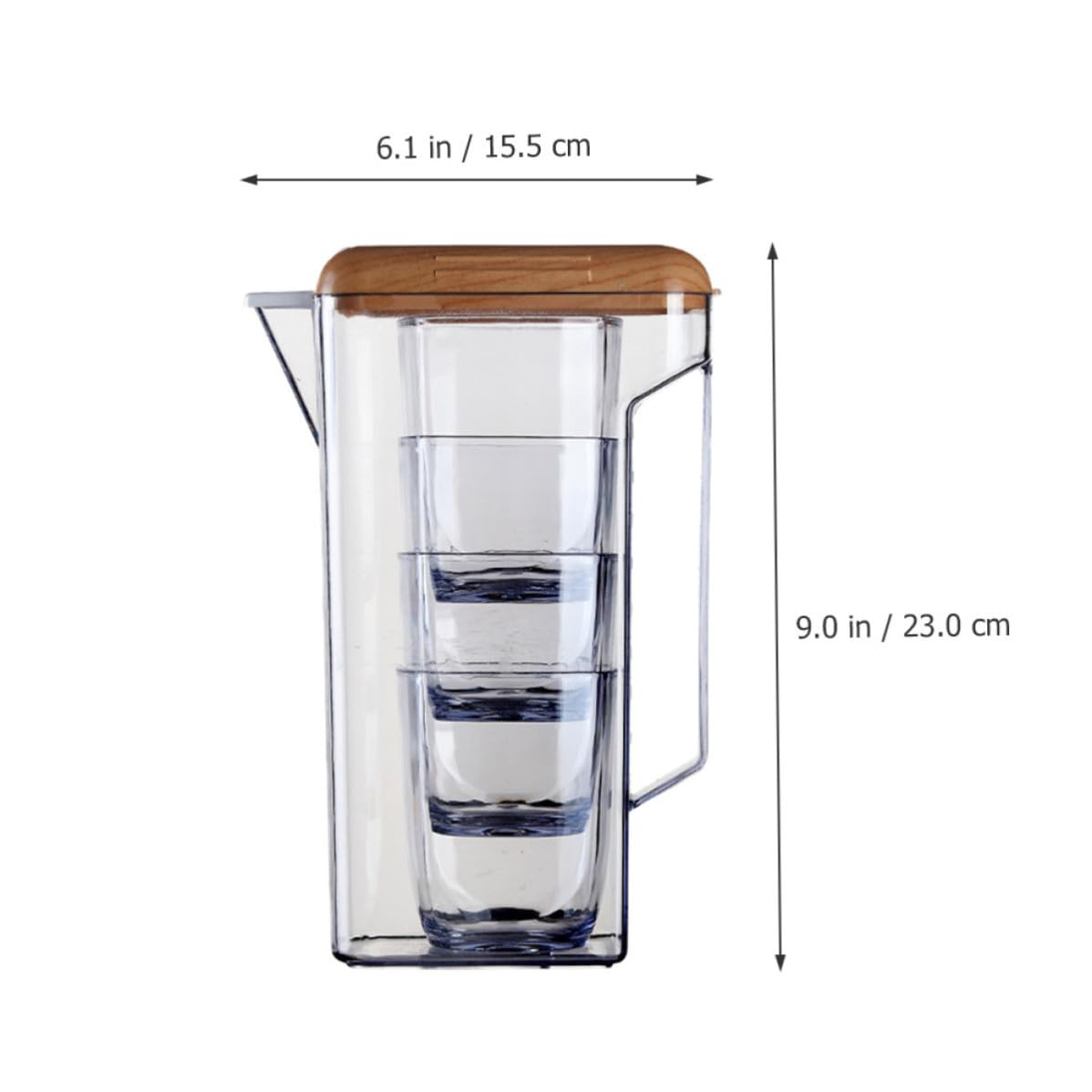 Jarra de Agua Fría de Plástico Asa 1600ml y Tapa Madera | As y Pp, Transparente, para Bebida Casera y Té Helado, Uso en Cena o Barbacoa