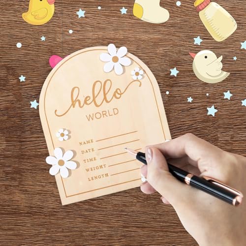 Image of ​Wooden Hello World for Baby Showers, 7.1 Inch Baby Announcement Sign, Birth Announcement Sign for Hospital Welcome Newborn Boys and Girls Shower, Nursery Hospital Information Record Board