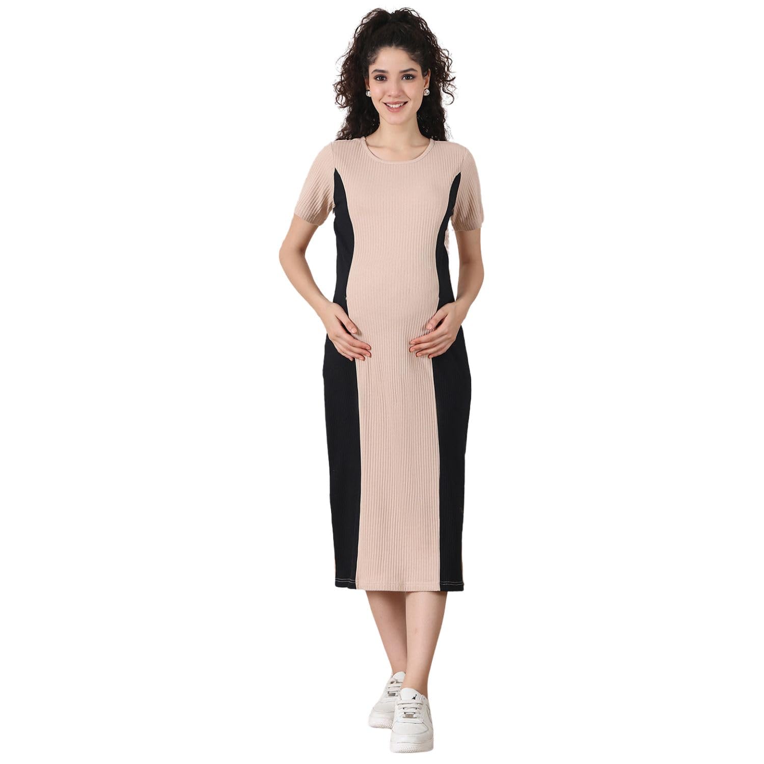 Solid Ribbed Maternity Bodycon Dress/Calf Length/Round Neck/Breastfeeding Dress for Mothers/Zipper Feeding Wear-image-46