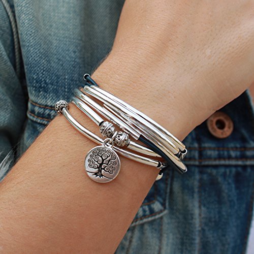 Lizzy James April With Tree Of Life Charm Silverplate Large Bracelet Necklace With Gloss Navy Leather Wrap #TOP1
