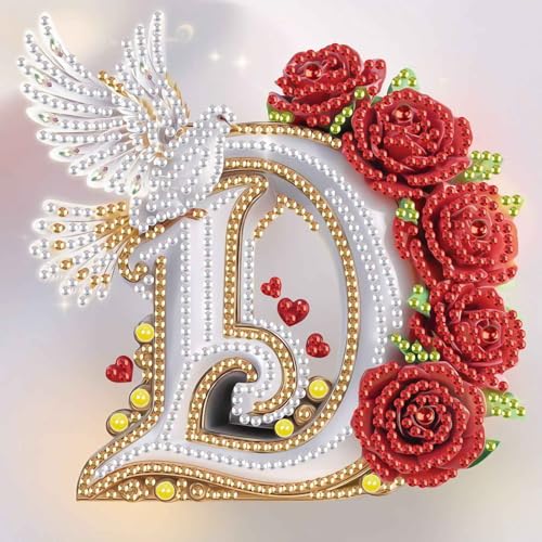 Image of AiYuanzsh 5D DIY Diamond Art Kits for Adults, Decorative Rose Dove Letter D Special Shape Diamond Painting, Floral Letter Diamond Art Crafts for Elegant Wall Display 17x17cm
