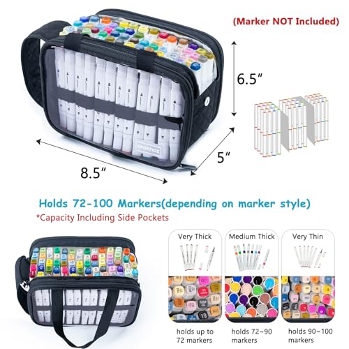 Image of Marker Organizer Case - Holds 72-96Markers | Portable Art Marker Storage Bag with Clear View Panels & Removable Dividers | Marker Holder for Alcohol Markers, Pens, Craft Supplies(Case Only)