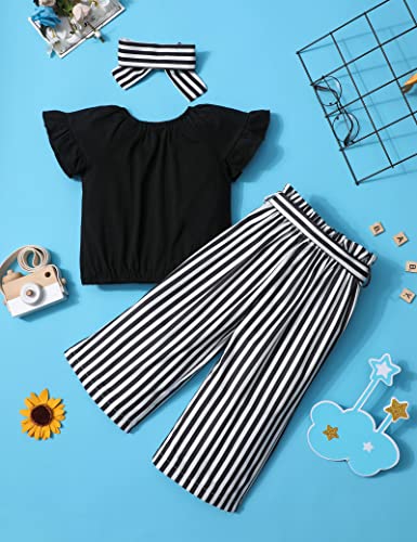 Migu Toddler Girl Clothes 2T-3T Summer Outfits Baby Girl Clothes Sets With Black Soft Ruffle Sleeve Tops+Stripes Pants+Bow Hairband 3Pcs Set Kids Girls Clothes Little Girl Clothes Size 2T 3T #TOP5