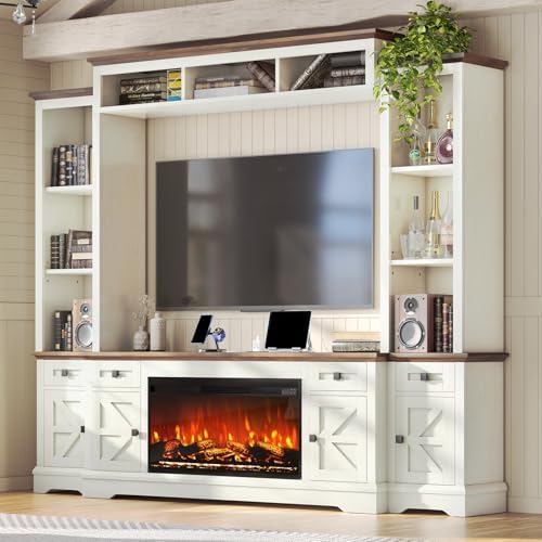 AMERLIFE 98" Farmhouse Entertainment Center TV Stand with 36" Fireplace