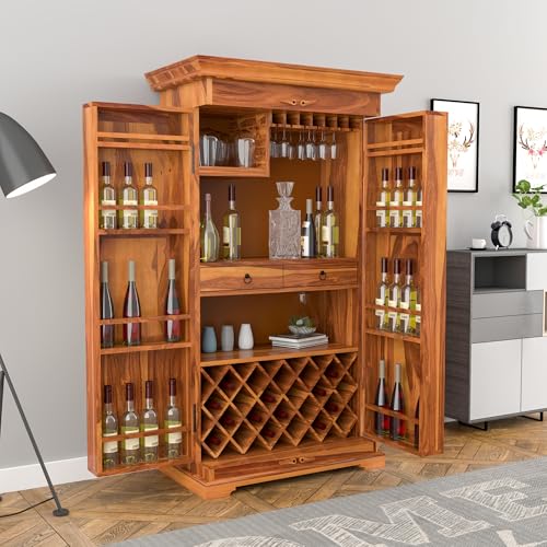 Image of Sheesham Solid Wood New Pre-Assemble Wooden Stylish Bar Cabinet /Wine Rack /Beer Bar /with Wine Glass Storage (Honey)