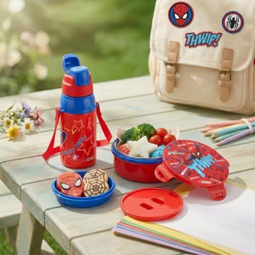 Image of CELLO Kidzbee Star Gift Set Combo for School Kids, Red | 3D Touch & Feel Spiderman Design Airtight Clip Lock Insulated Lunch Box 390ml with Leak Proof Flip Top Sipper Water Bottle for Kids Boys Girls