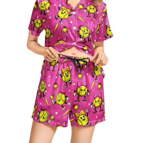 Image of Funny Pajamas for Women Set Print Satin Loungewear Pjs Short Sleeve Button Down Top and Shorts Sets Sleepwear XS-3XL