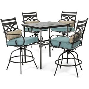 Hanover Montclair All-Weather 5-Piece Outdoor Dining Set, 4 Cushioned Swivel Counter-Height Chairs and 33″ Square Stamped-Top Table, High Top Patio Dining Set for 4 for Backyard, Deck, Patio