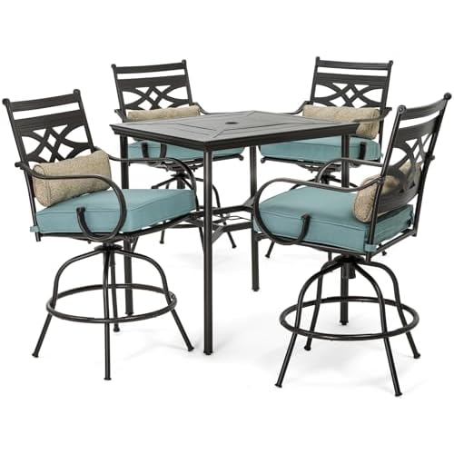 Hanover Montclair All-Weather 5-Piece Outdoor Dining Set, 4 Cushioned Swivel Counter-Height Chairs and 33″ Square Stamped-Top Table, High Top Patio Dining Set for 4 for Backyard, Deck, Patio