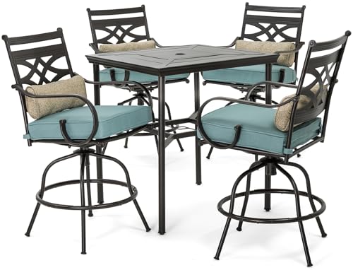 Hanover Montclair All-Weather 5-Piece Outdoor Dining Set, 4 Cushioned Swivel Counter-Height Chairs and 33" Square Stamped-Top Table, High Top Patio Dining Set for 4 for Backyard, Deck, Patio