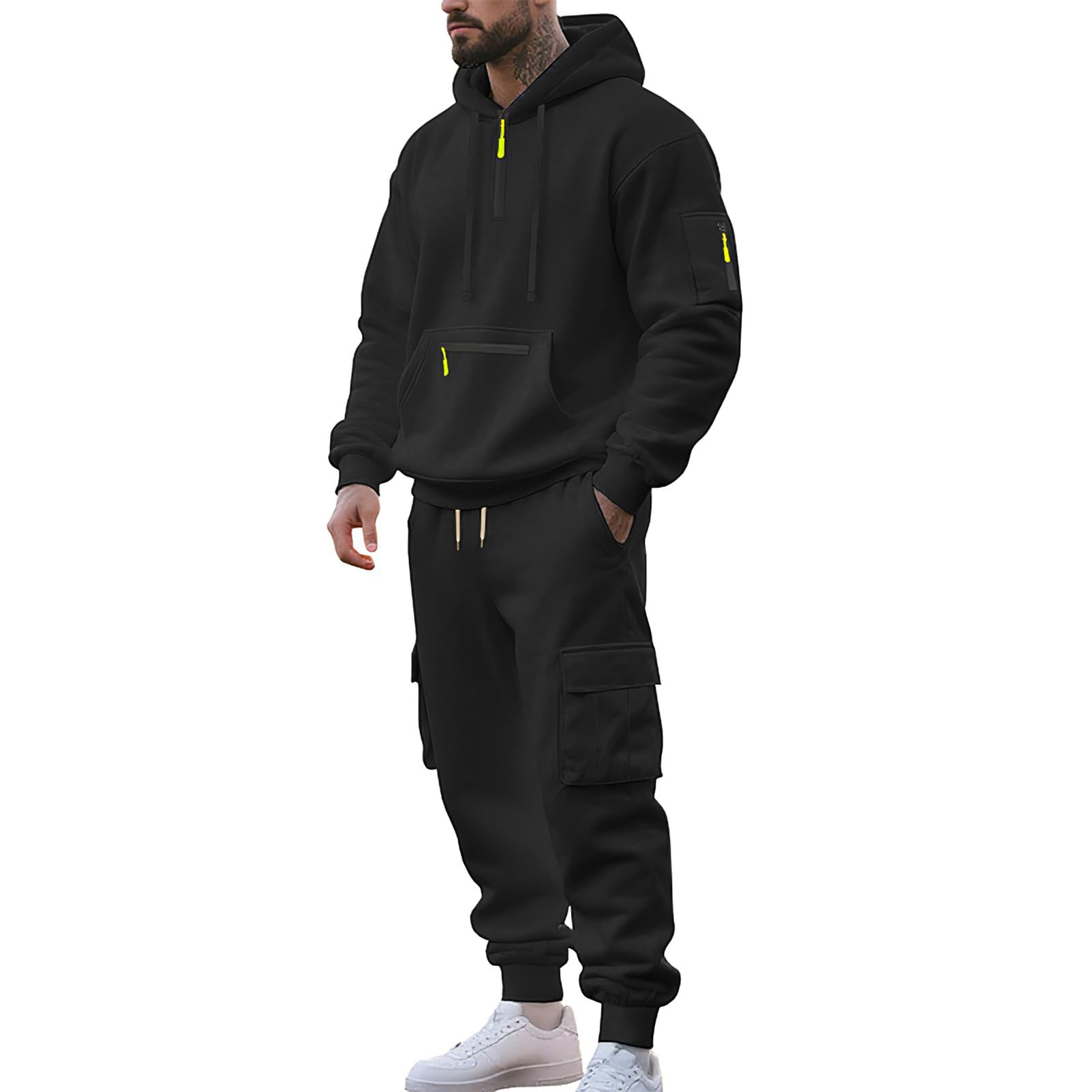 amropi Tuta da Ginnastica con Cappuccio da Uomo Felpa con Cerniera 1/4 e Pantaloni Cargo Sportivo da Jogging Set