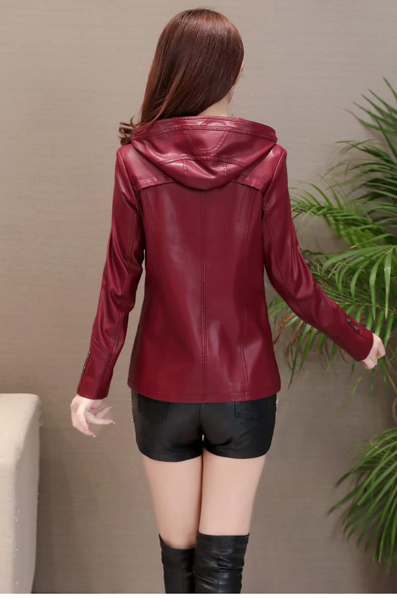 Giacca Da Motociclista Con Cappuccio In Vera Pelle Per Donna, Nera, Maniche Lunghe, Cerniera, Tasche Laterali, Cappotti In Pu, Primavera Autunno, Casual, Vestibilità Slim, Capispalla Di Tr