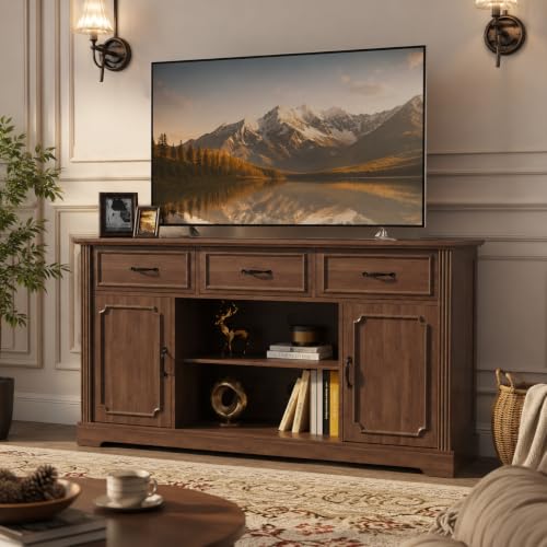 ARTPOWER Mid Century Wood TV Stand with 3 Drawers for TV up to 65", Brown