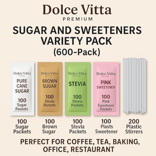 Dolce Vitta Premium Sugar and Sweeteners Variety Pack (600-Pack) - 100 Pure Cane Sugar, 100 Brown Sugar, 100 Stevia, 100 Pink Sweetener, 200 Plastic Stirrers - Perfect for Coffee, Tea, Baking, Office, Restaurant, - Thumbnail 2