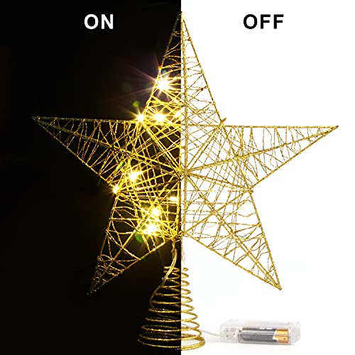 Ccinee Golden Christmas Tree Topper With Lights, 10 Inches Glittered Treetop Star Lighted Tree Star Topper For Christmas Tree Decorations Home Holiday Xmas Party Indoor Decor #TOP4
